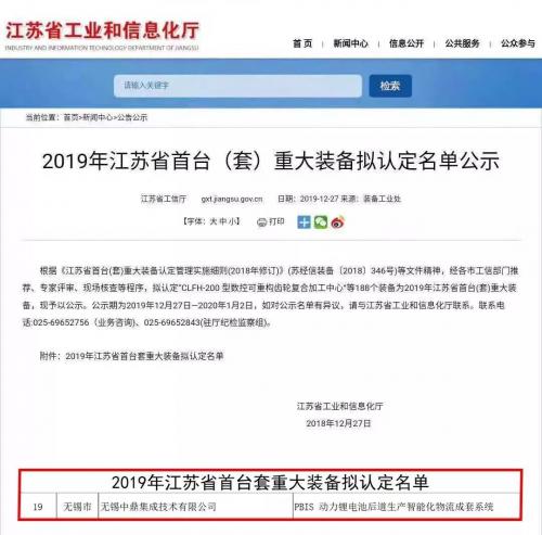 喜讯！中鼎集成产品获2019年江苏省首台(套)重大装备认定！