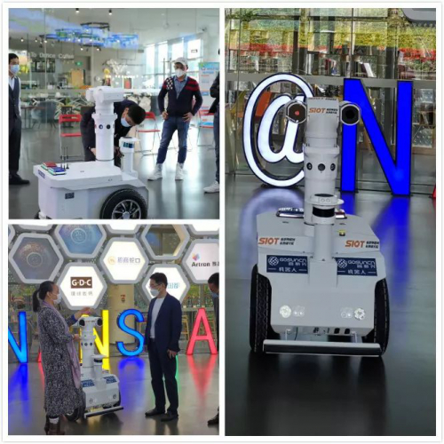 同心抗疫|高新兴携蜂群研究院为深圳南山区行政服务大厅捐赠5G测温巡逻机器人