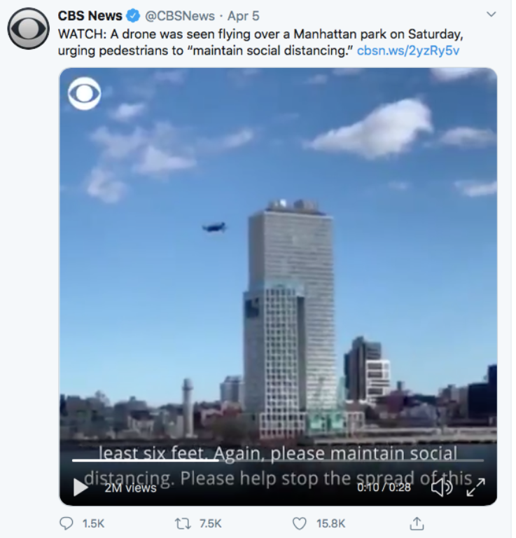 无人机在曼哈顿上空喊话呼吁抗疫 FAA有话说