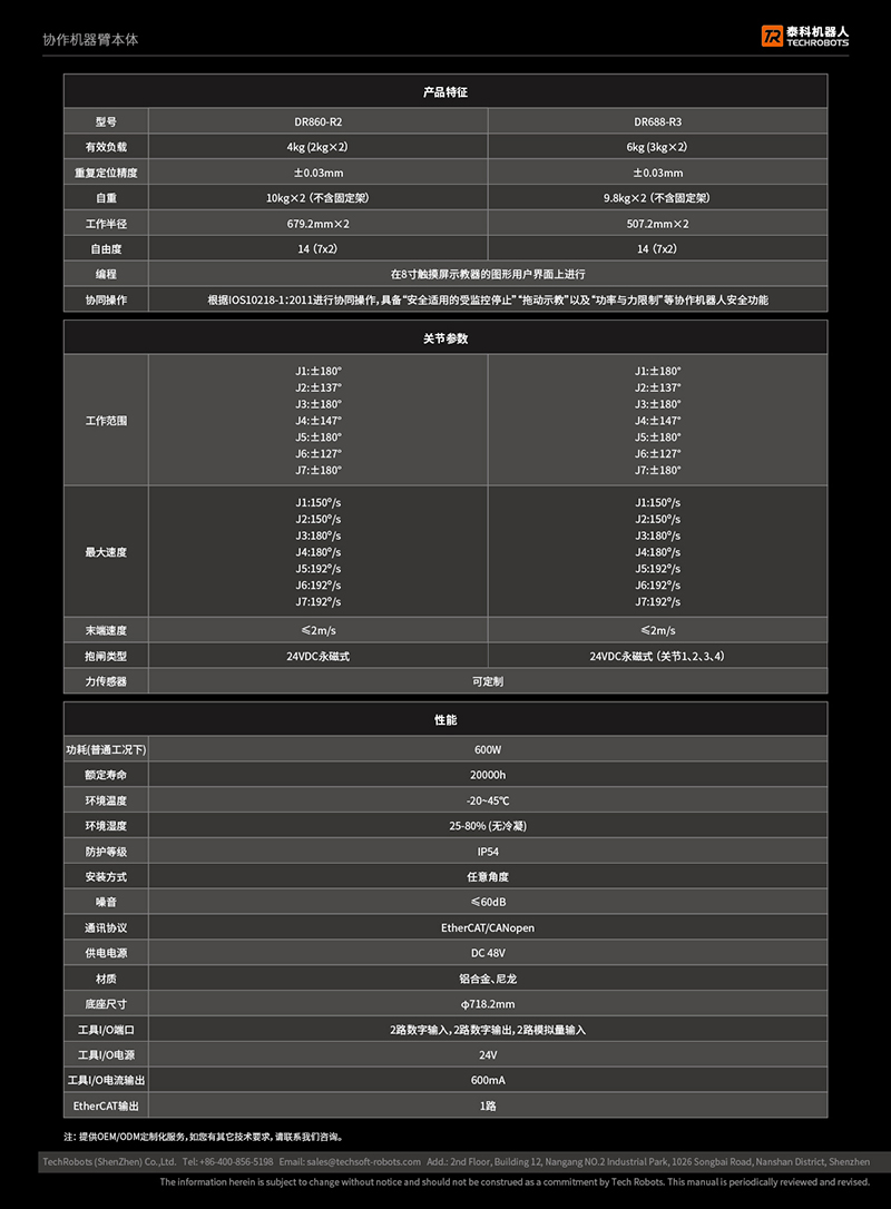 双臂机器人选型参数表