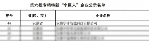 宇锋智能上榜国家级专精特新“小巨人”